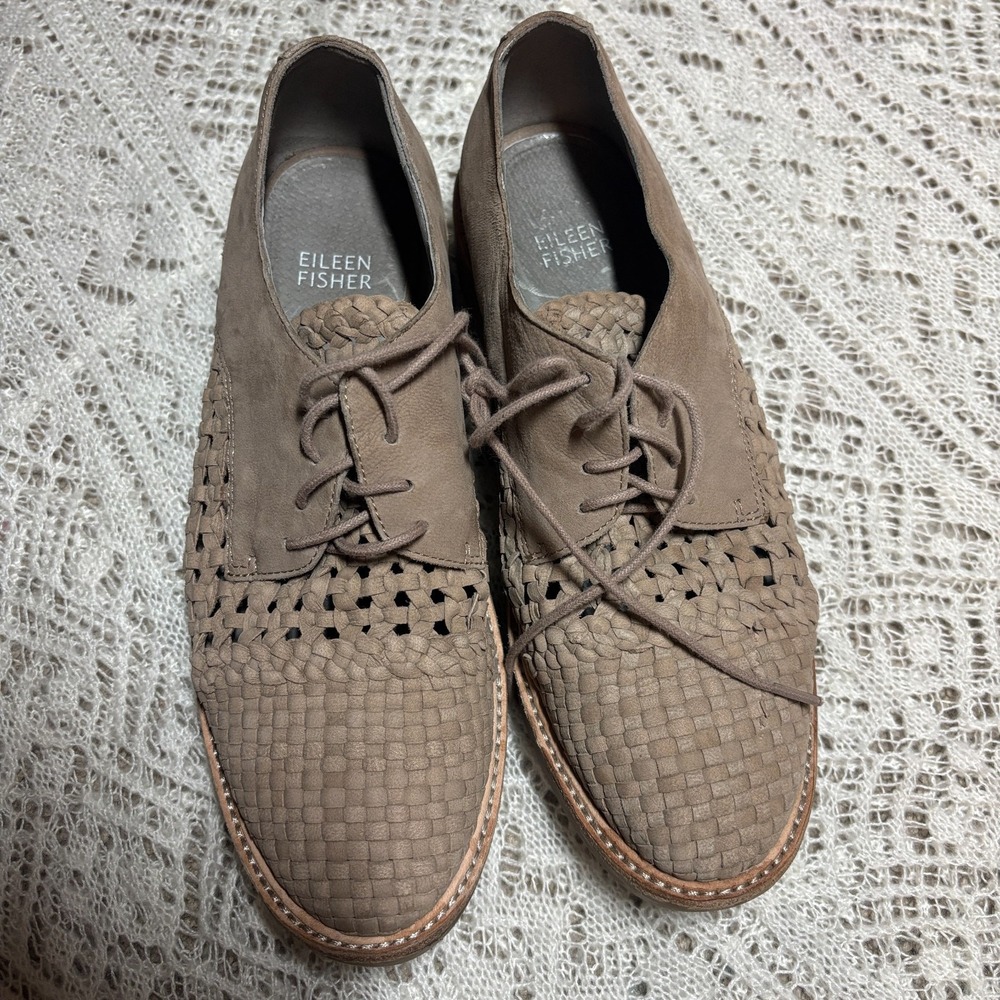 Eileen Fisher Leather Woven Mesh Oxford Brown Platform Lug Sole‎ Shoe US 7.5